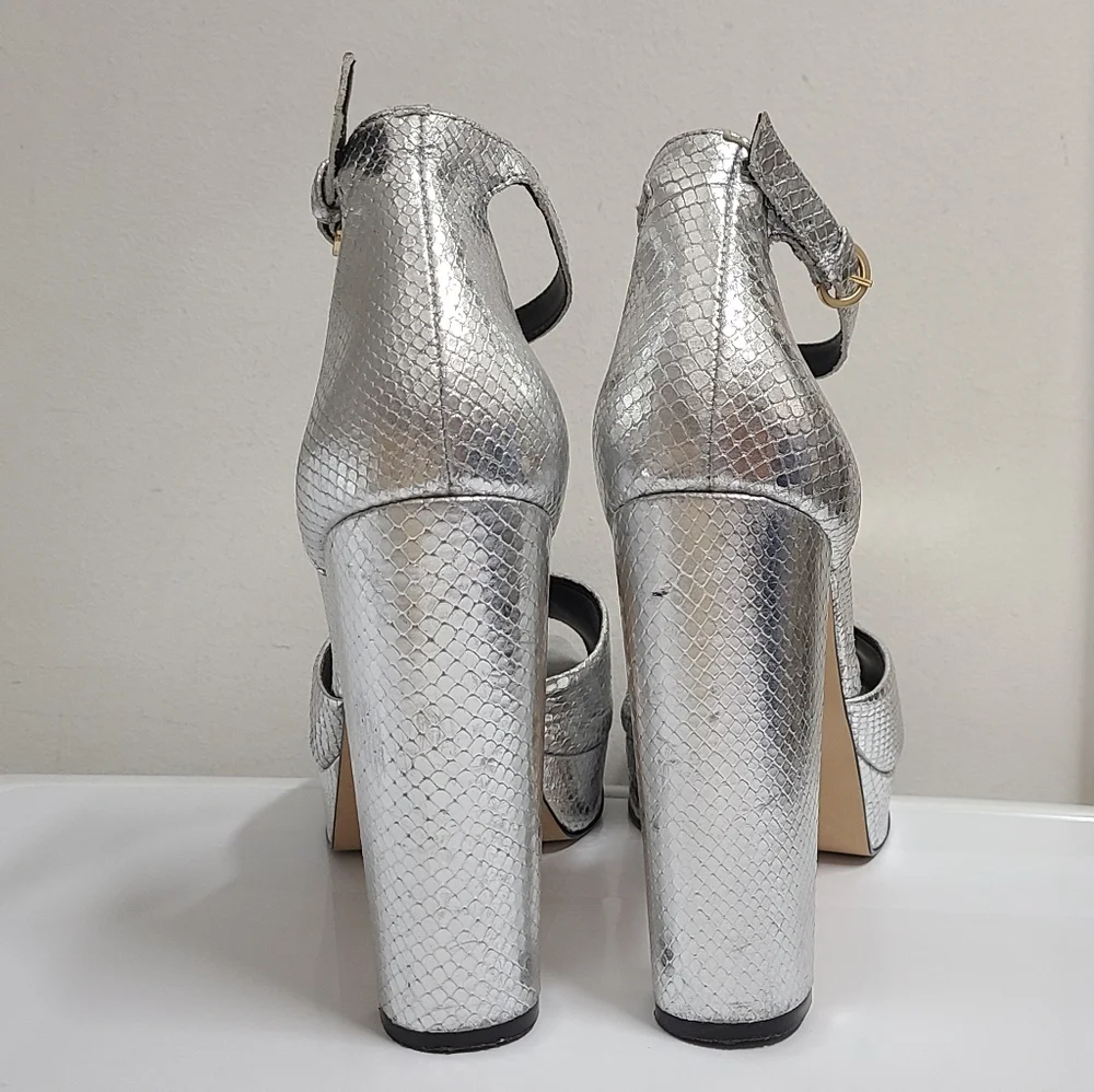 RAYE Dune Metallic Silver Snakeskin Embossed Leather Platform Heels Sz 10